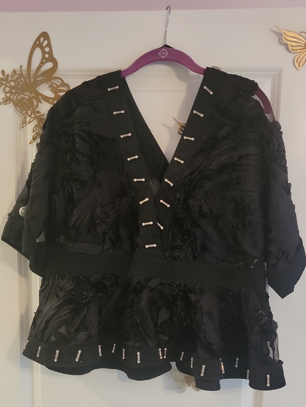 Women's Black Embellished V-Neck Blouse